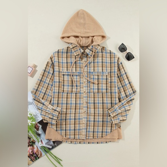 Drawstring Plaid Button Up Hooded Shacket - Picture 3 of 6